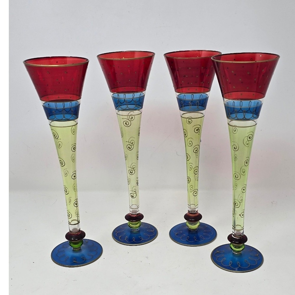 Pier 1 hand painted and blown Champagne flutes Multi Color hollow stem set of‎ 4